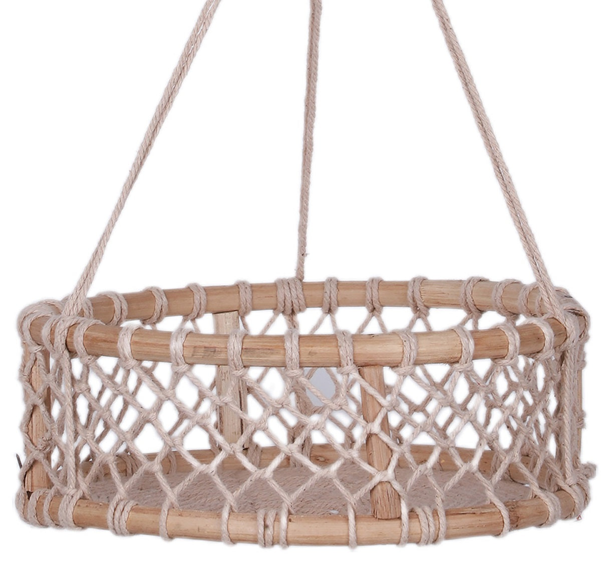 NUEVOSGHAR Macrame Wall Hanging Shelf Wood Floating | Handcrafted Macrame Hanging Boho Two Tier Wooden Round Basket | Ivory