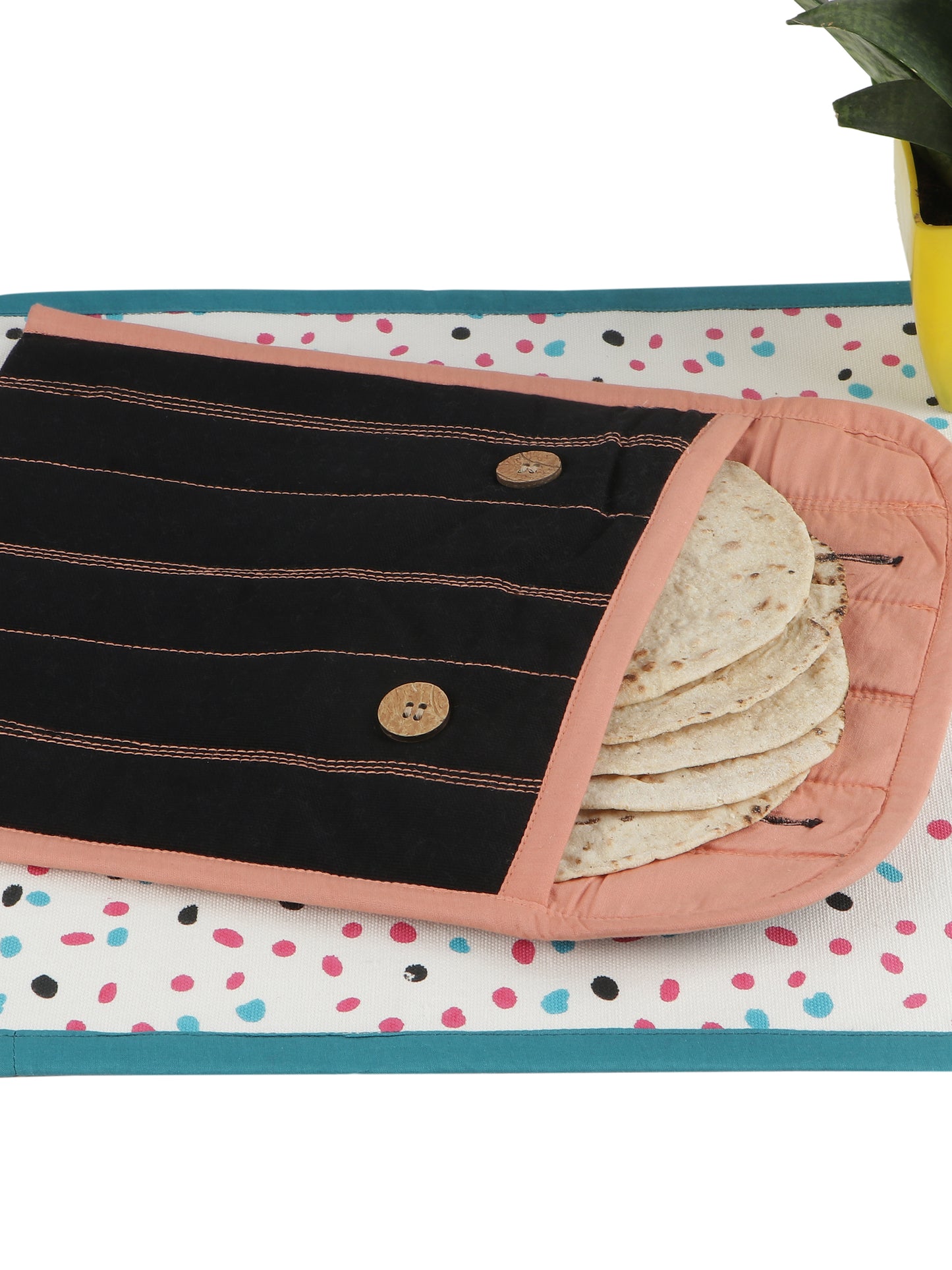 NUEVOSGHAR Pure Cotton Rectangle & Round Shape Roti/Chapati Cover Combo | Kitchen Roti Keeper. Set-Pack of 2 Roti Covers(Black/sand orange)