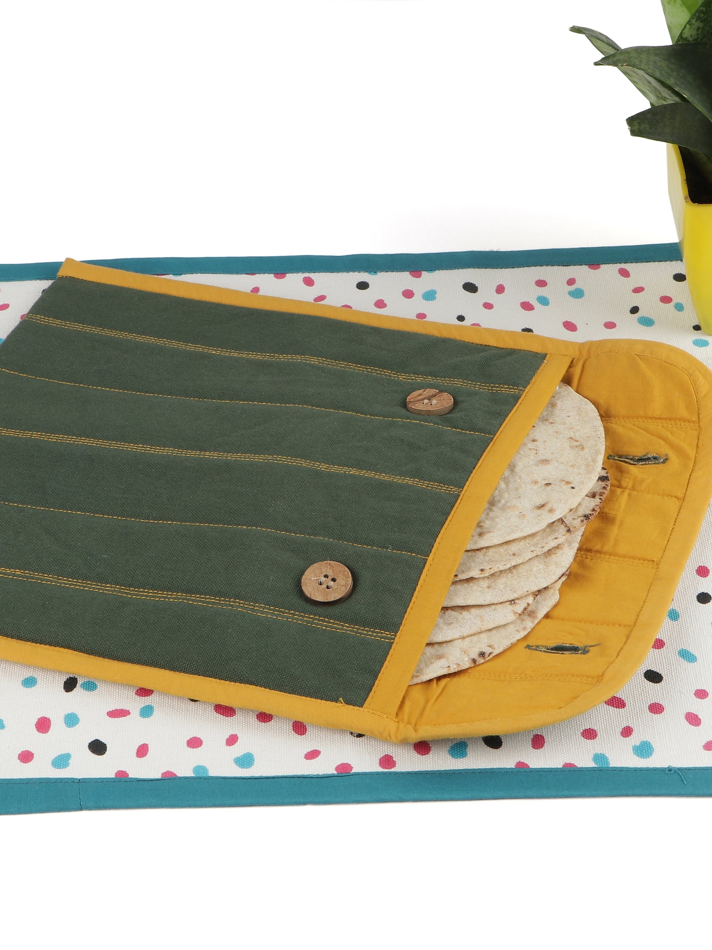 Pure Cotton Rectangle & Round Shape Roti/Chapati Cover Combo|Chapati Cloth Cover | Cotton Traditional Roti Warmer |Tortillas Cover| Kitchen Roti Keeper. Set-Pack of 2 Roti Covers(Green/mustard)