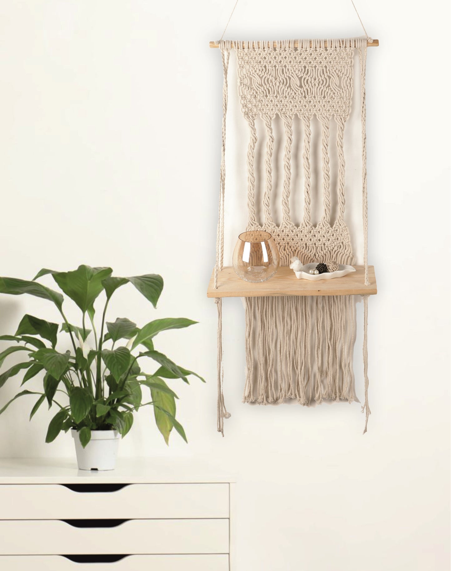 NUEVOSGHAR Macrame Wall Hanging Shelf | Bohemian Hanging Plant Shelves | Handmade Macrame Wall Hanging Decor | Wooden Wall Hanging Shelf_Beige