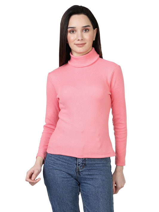 NUEVOSDAMAS Women Solid High neck/Sweater Cotton Lycra Rib/PINK