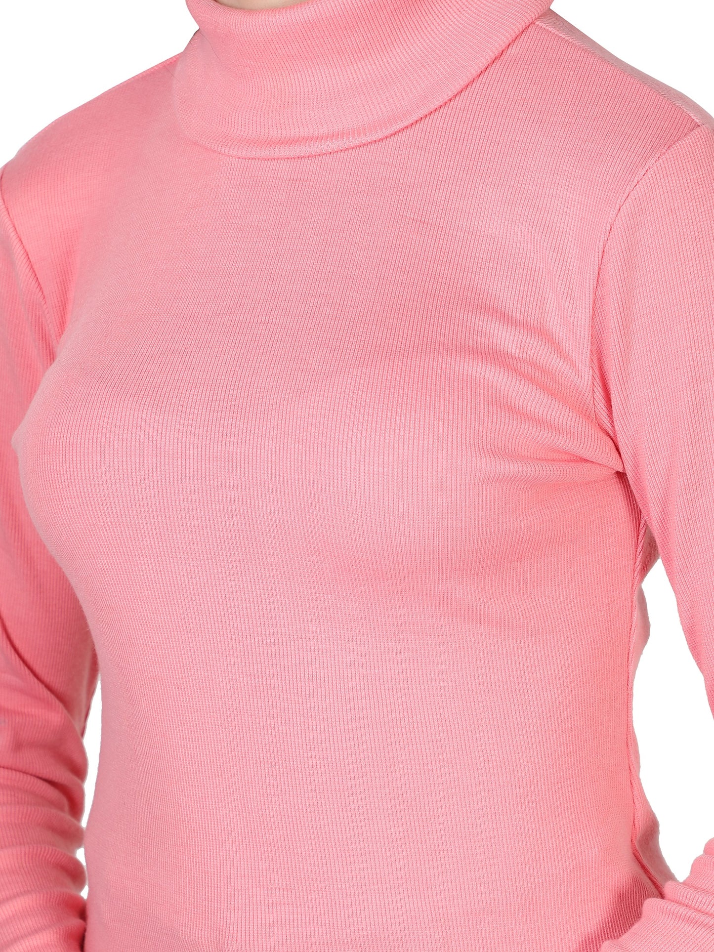 NUEVOSDAMAS Women Solid High neck/Sweater Cotton Lycra Rib/PINK