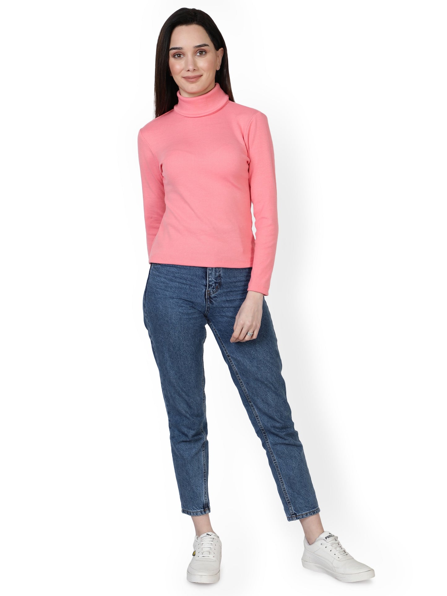 NUEVOSDAMAS Women Solid High neck/Sweater Cotton Lycra Rib/PINK