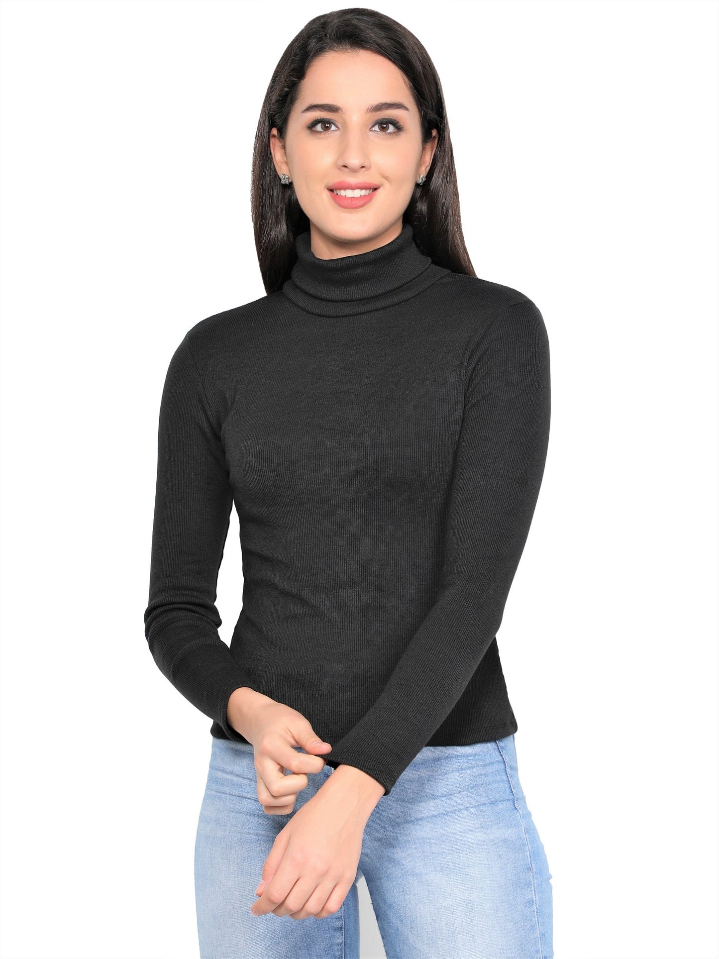 NUEVOSDAMAS Women Solid Highneck|Sweater Cotton Lycra Rib