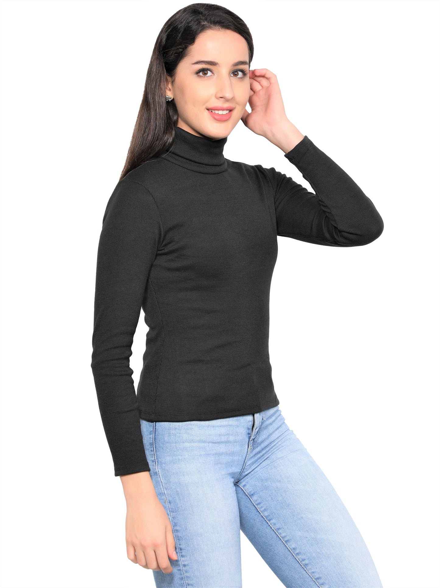 NUEVOSDAMAS Women Solid Highneck|Sweater Cotton Lycra Rib