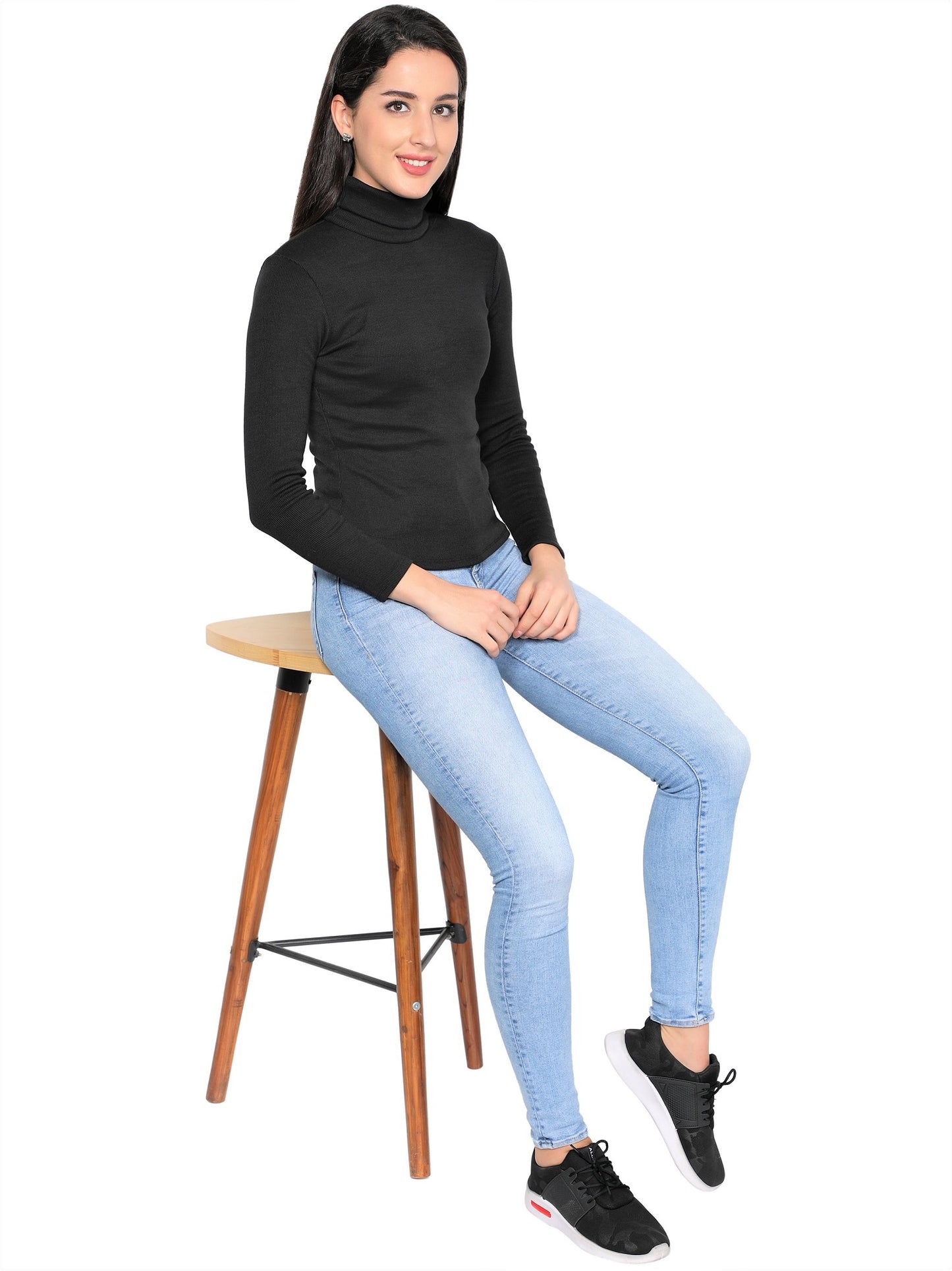 NUEVOSDAMAS Women Solid Highneck|Sweater Cotton Lycra Rib