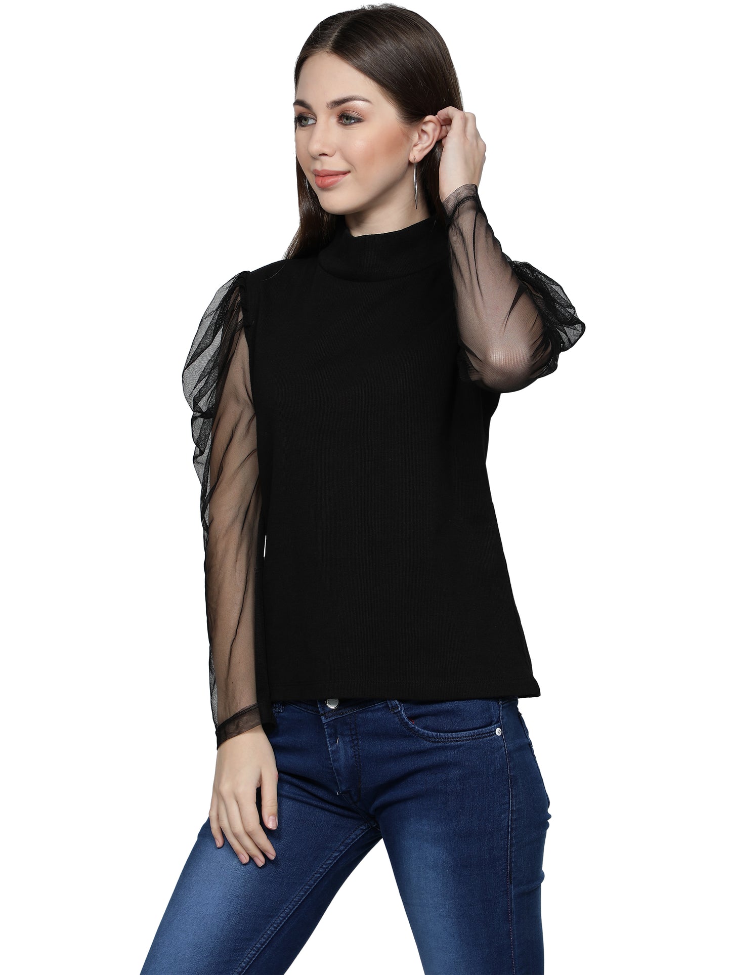 Women Roll-Up with Net Sleeves Ribbed Solid Black High Neck Tops Turtle Neck Top for Women