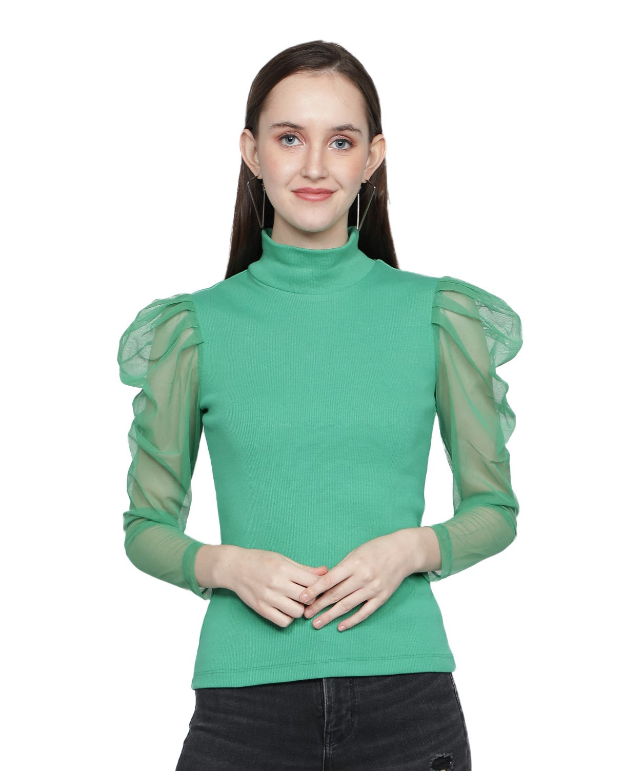 Women Roll-Up with Net Sleeves Ribbed Solid Green High Neck Tops Turtle Neck Top for Women