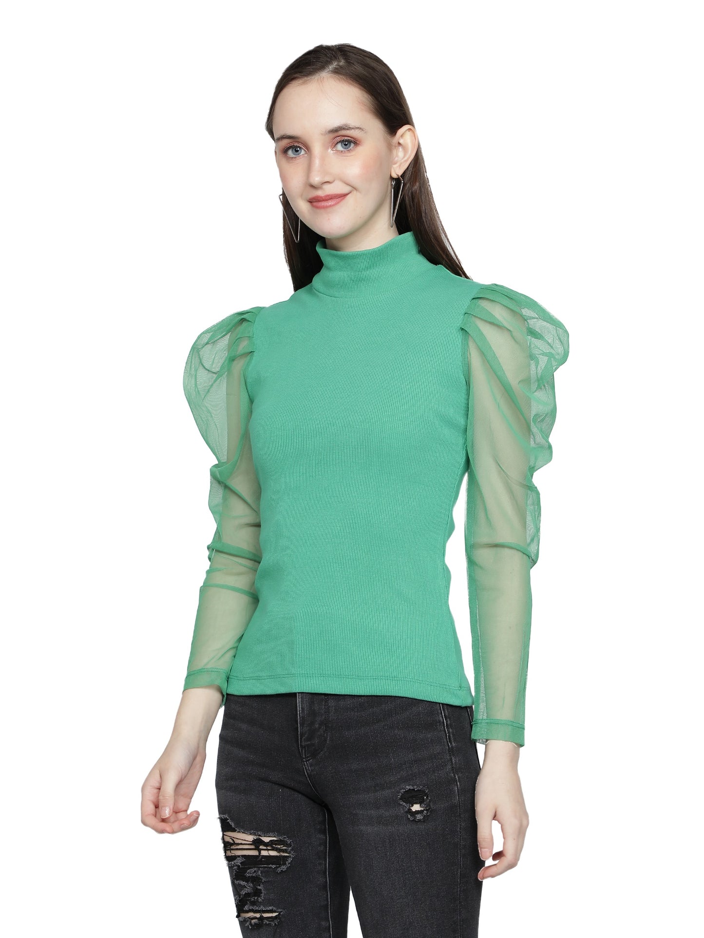 Women Roll-Up with Net Sleeves Ribbed Solid Green High Neck Tops Turtle Neck Top for Women