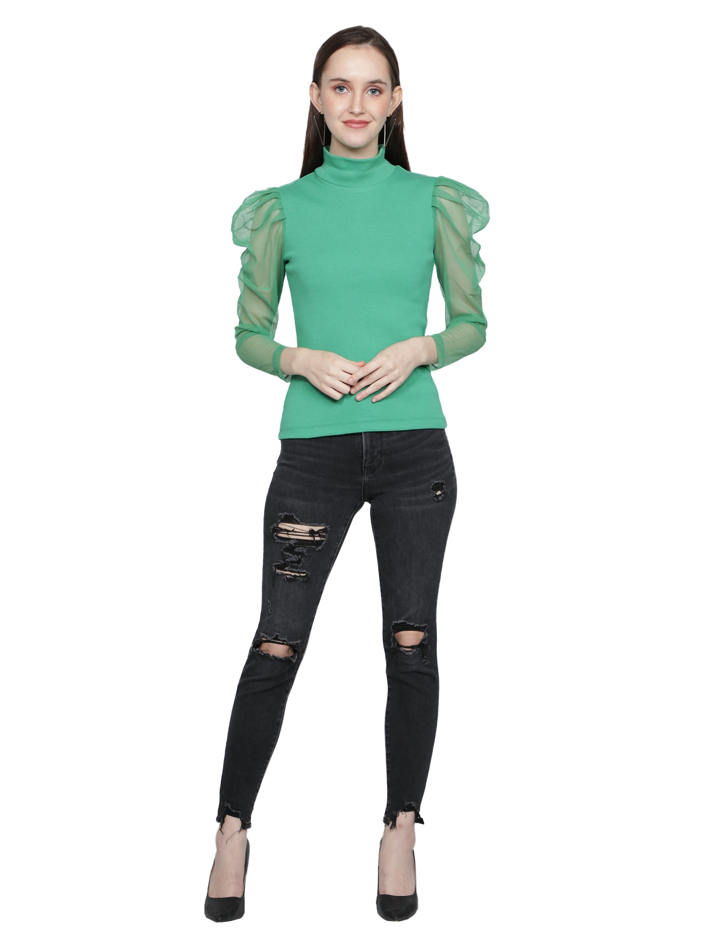 Women Roll-Up with Net Sleeves Ribbed Solid Green High Neck Tops Turtle Neck Top for Women