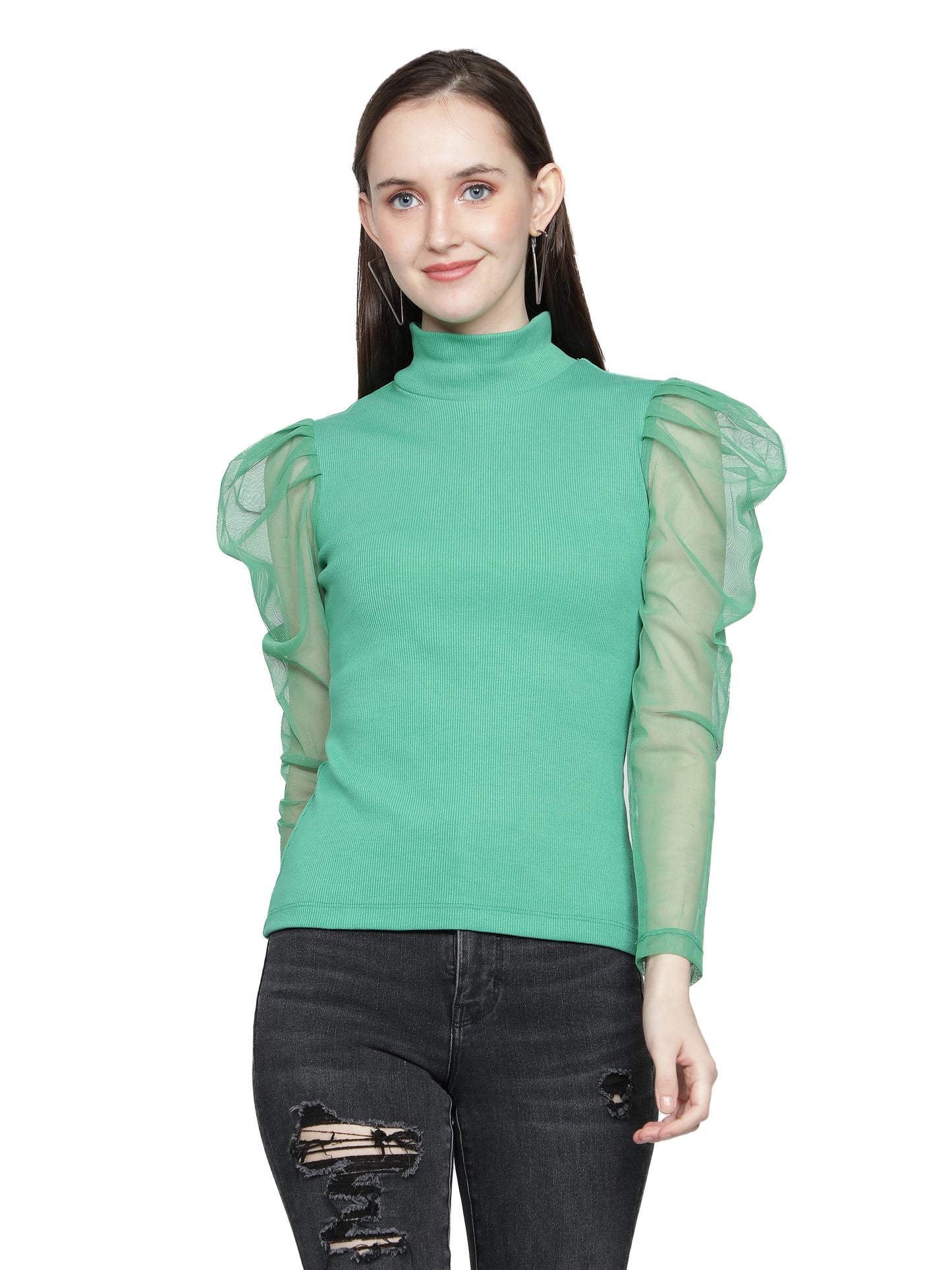 Women Roll-Up with Net Sleeves Ribbed Solid Green High Neck Tops Turtle Neck Top for Women