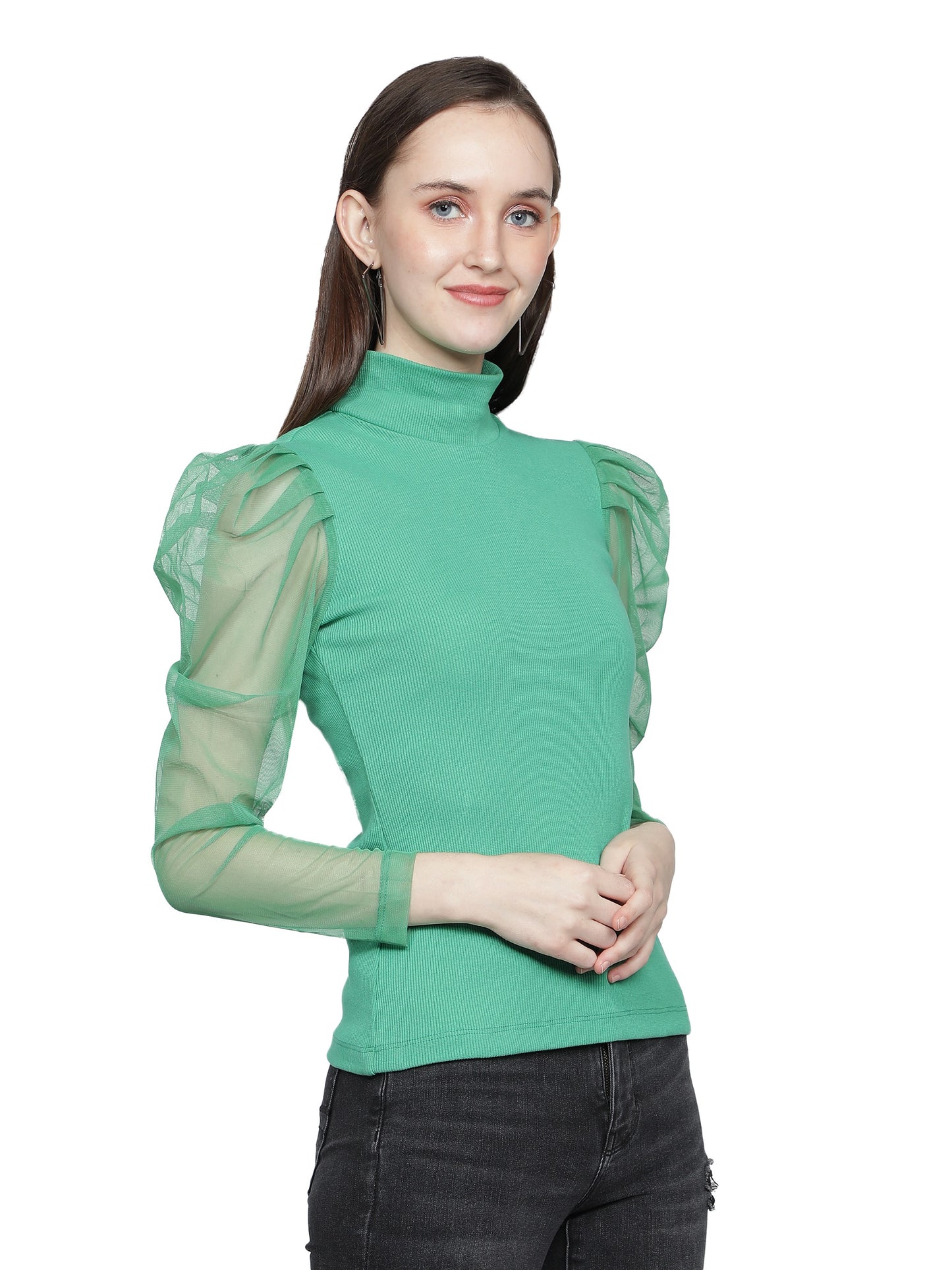 Women Roll-Up with Net Sleeves Ribbed Solid Green High Neck Tops Turtle Neck Top for Women