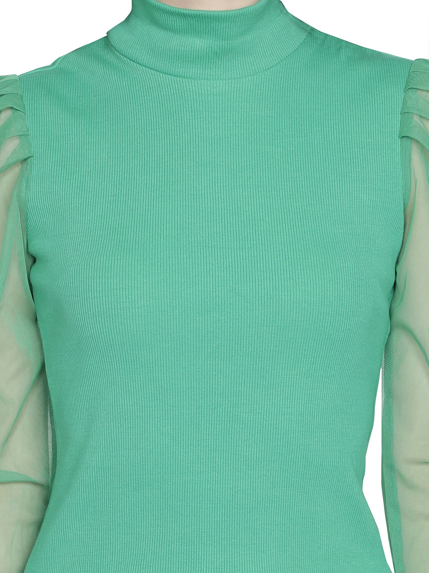 Women Roll-Up with Net Sleeves Ribbed Solid Green High Neck Tops Turtle Neck Top for Women