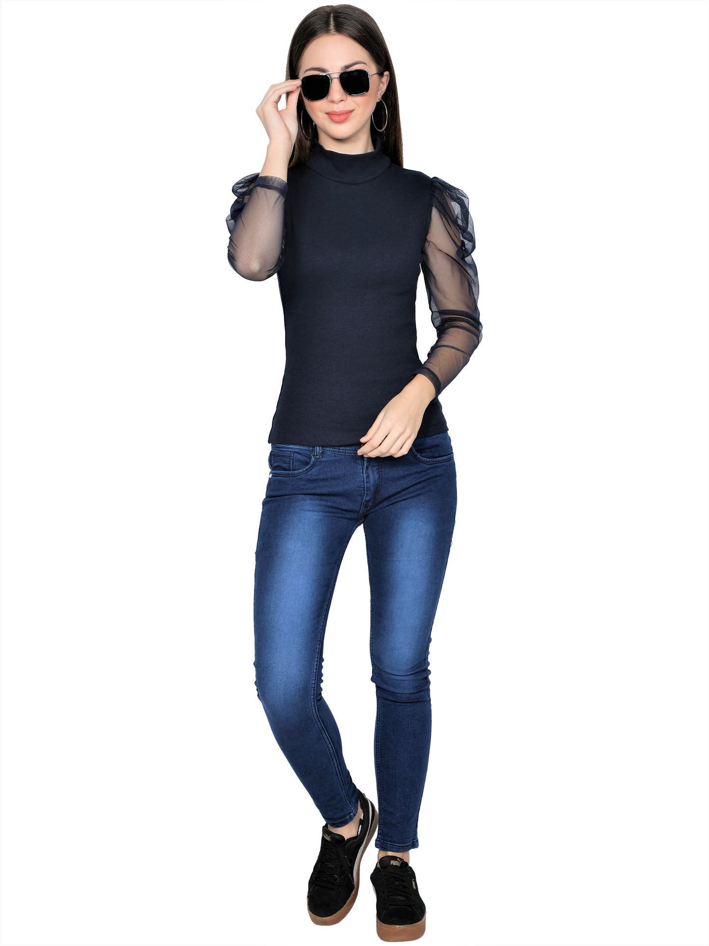 Women Roll-Up with Net Sleeves Ribbed Solid Navy Blue High Neck Tops Turtle Neck Top for Women