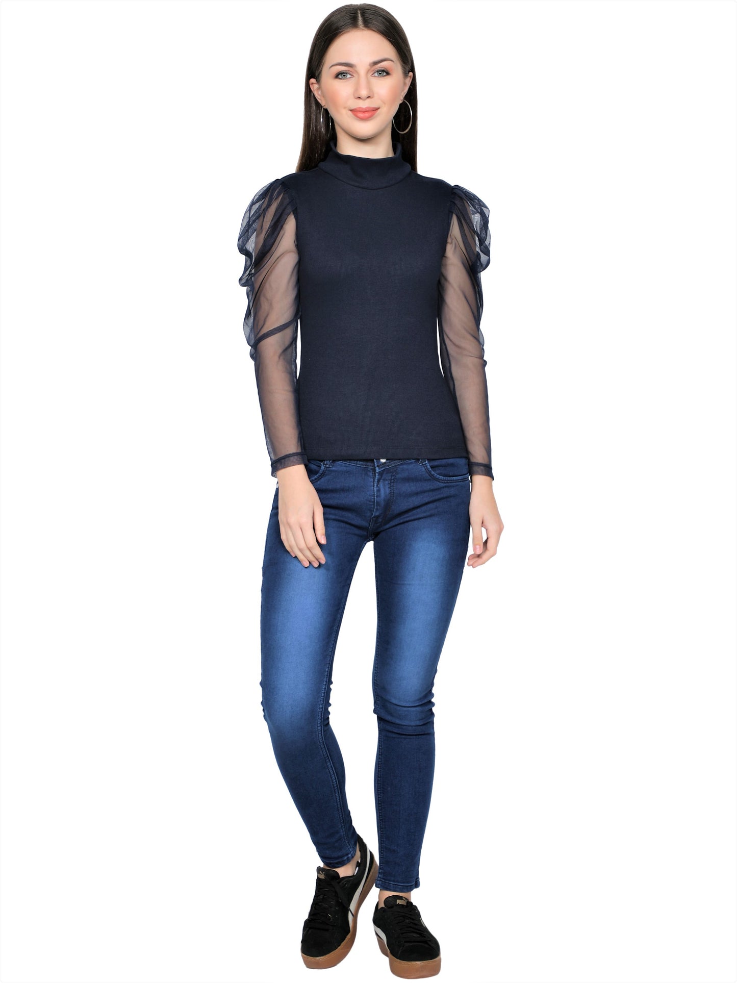 Women Roll-Up with Net Sleeves Ribbed Solid Navy Blue High Neck Tops Turtle Neck Top for Women