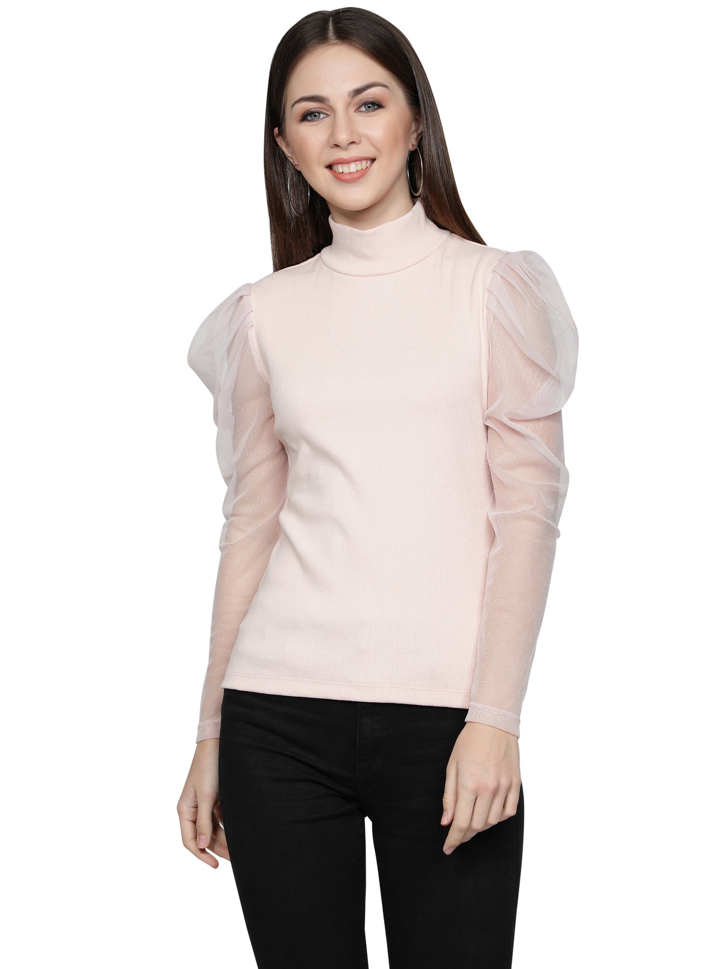 Women Roll-Up with Net Sleeves Ribbed Solid Light Pink High Neck Tops Turtle Neck Top for Women