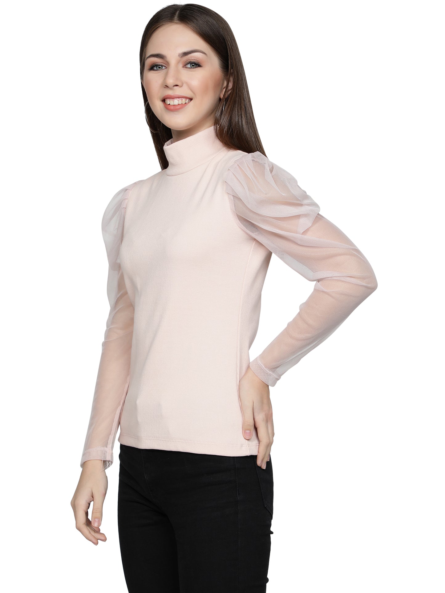 Women Roll-Up with Net Sleeves Ribbed Solid Light Pink High Neck Tops Turtle Neck Top for Women