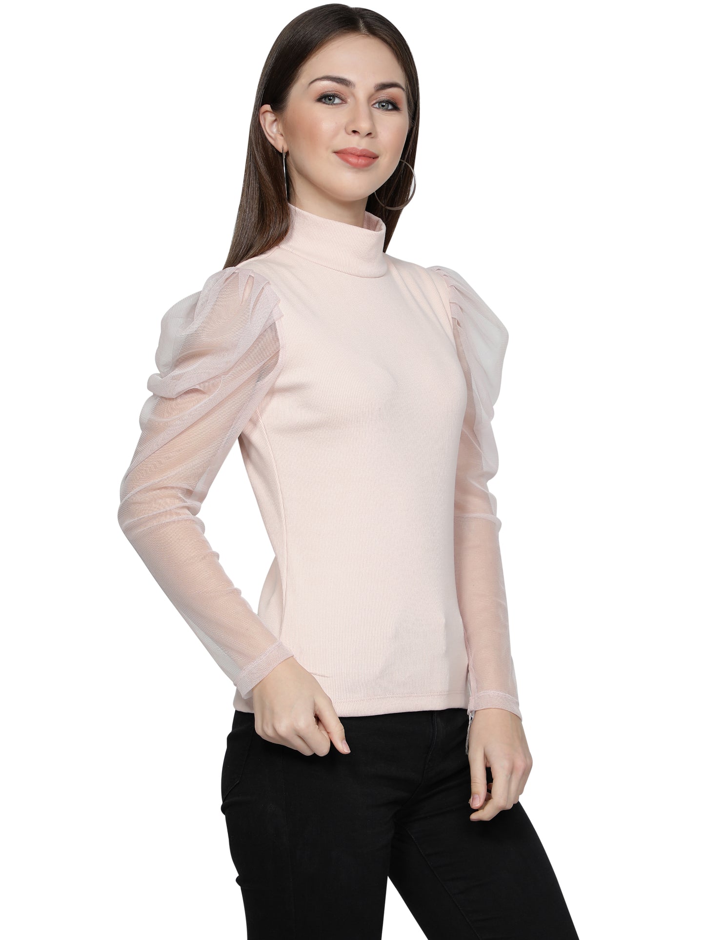 Women Roll-Up with Net Sleeves Ribbed Solid Light Pink High Neck Tops Turtle Neck Top for Women