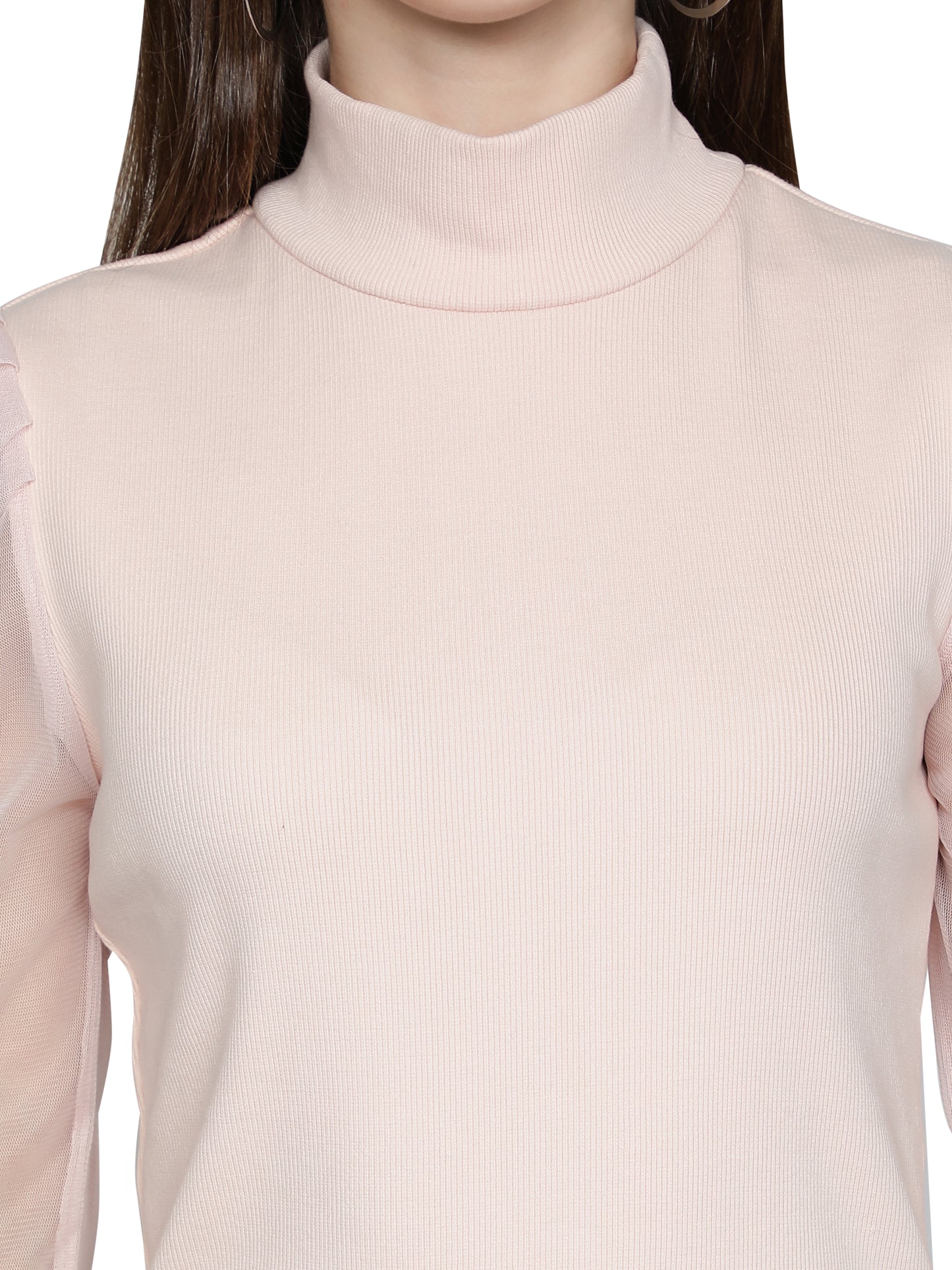 Women Roll-Up with Net Sleeves Ribbed Solid Light Pink High Neck Tops Turtle Neck Top for Women