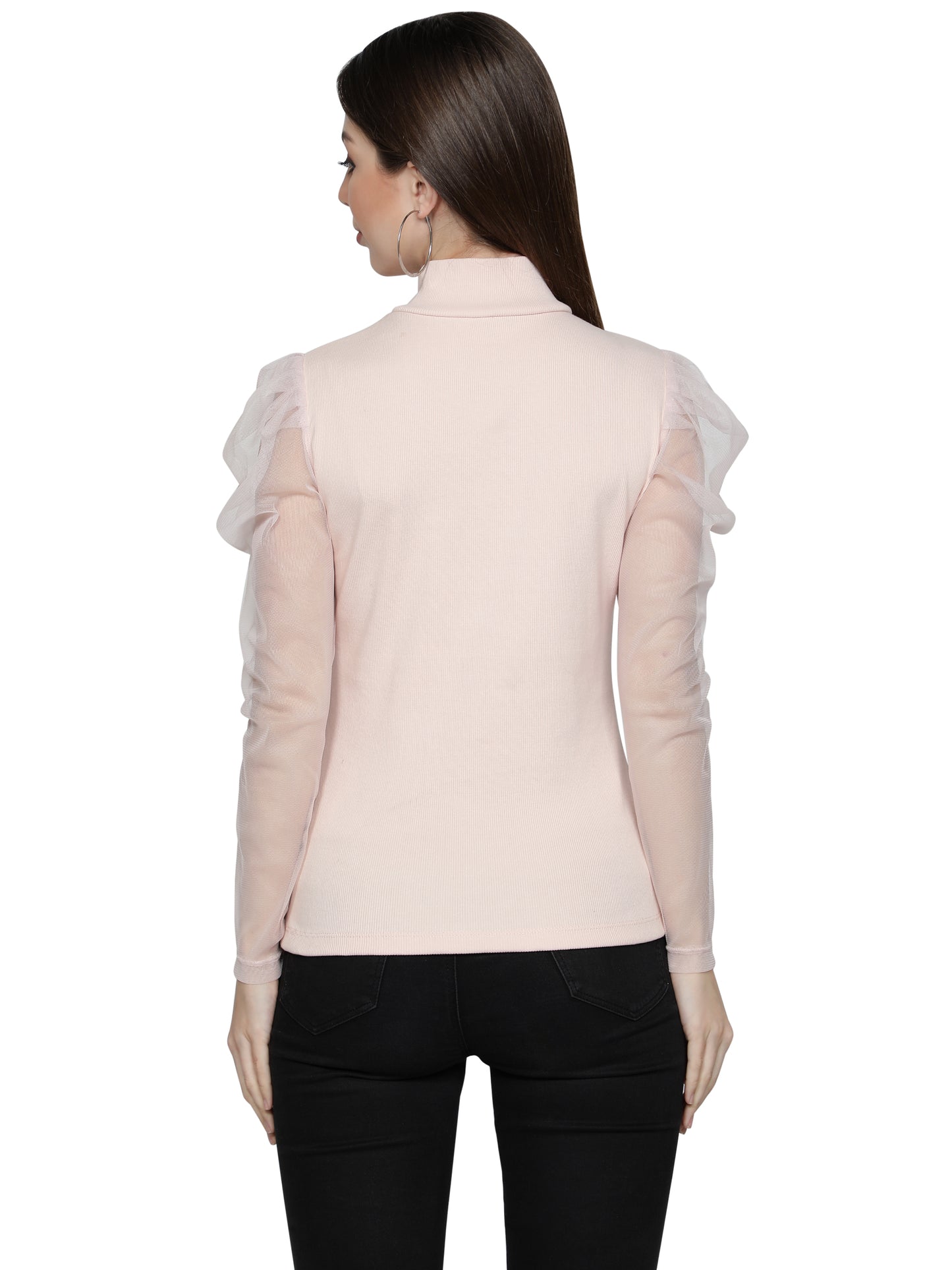 Women Roll-Up with Net Sleeves Ribbed Solid Light Pink High Neck Tops Turtle Neck Top for Women