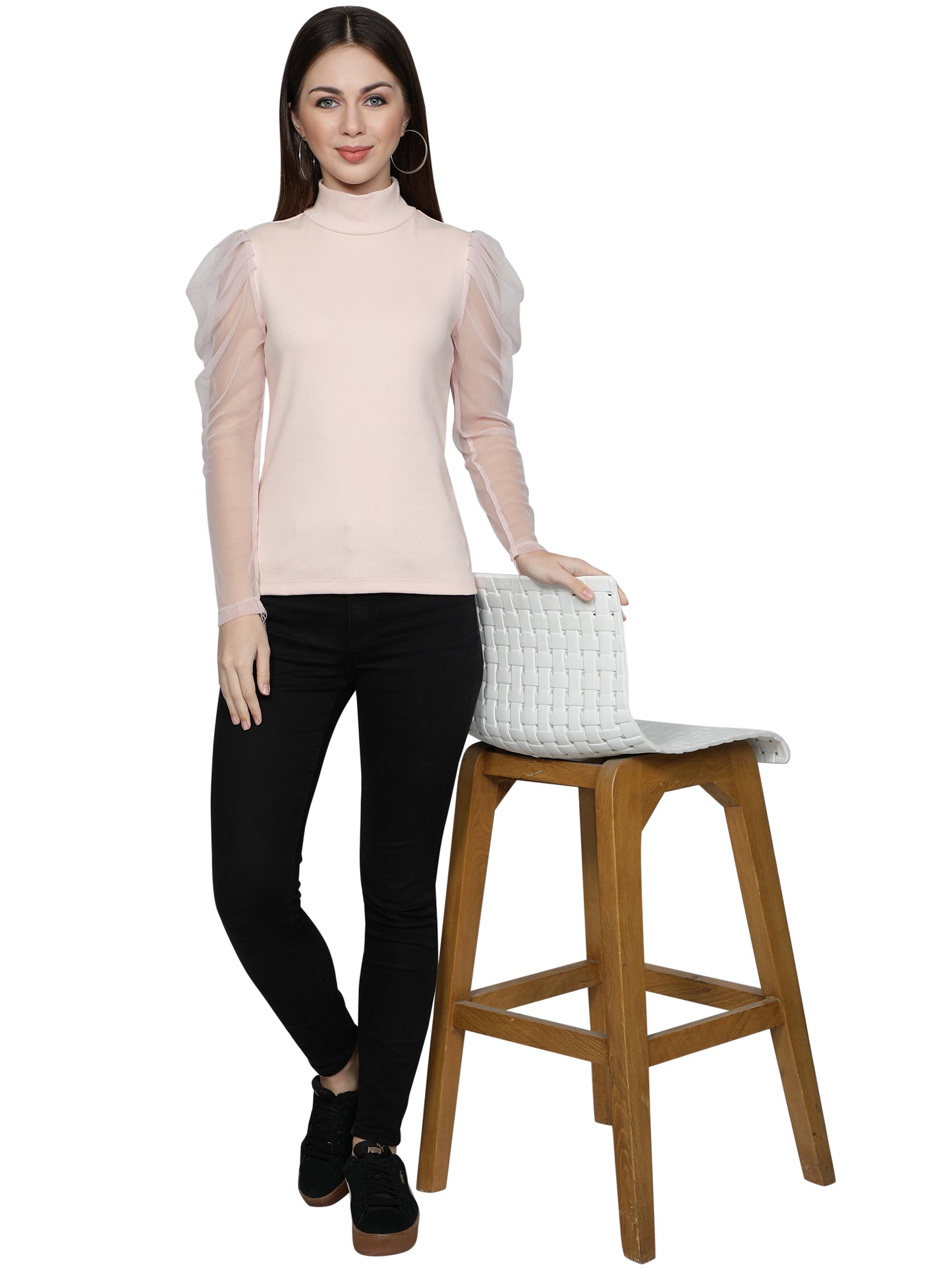 Women Roll-Up with Net Sleeves Ribbed Solid Light Pink High Neck Tops Turtle Neck Top for Women