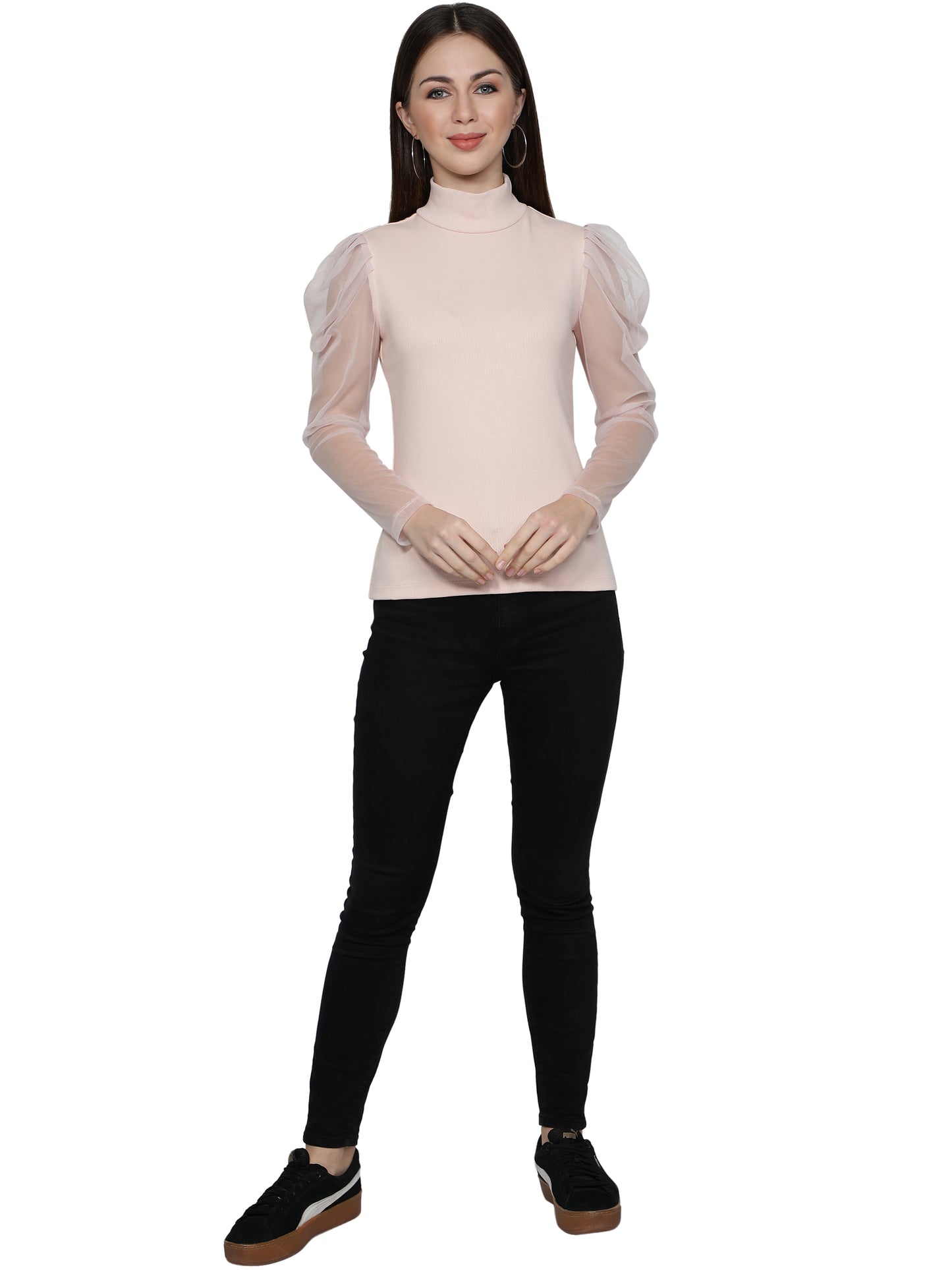 Women Roll-Up with Net Sleeves Ribbed Solid Light Pink High Neck Tops Turtle Neck Top for Women