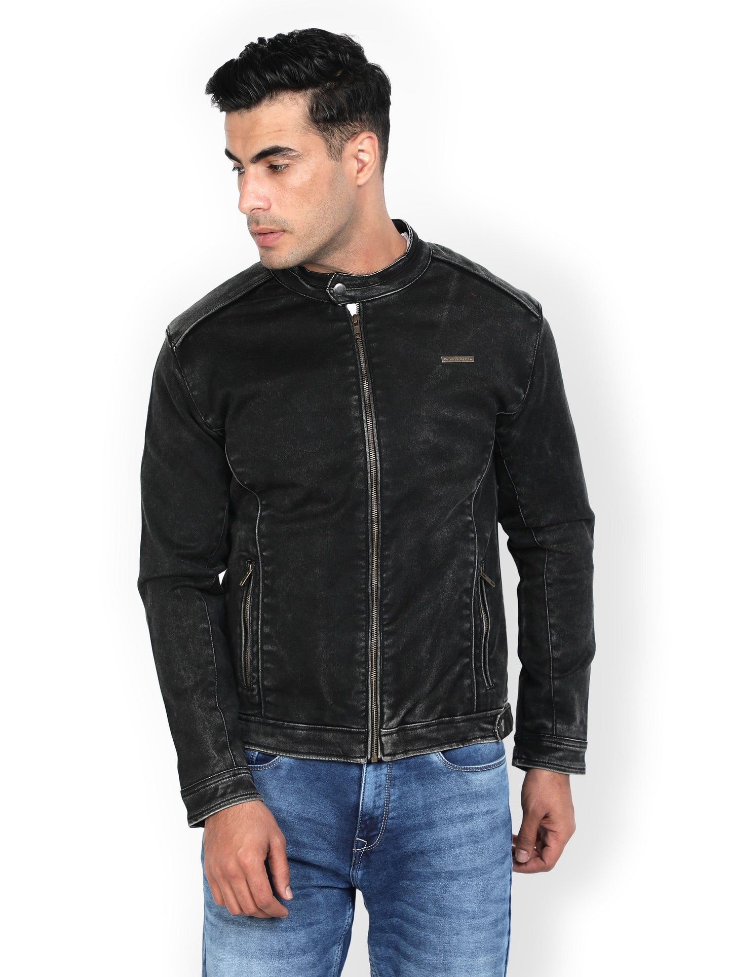 NUEVOSPORTA Men's Solid Black Denim Biker Jacket