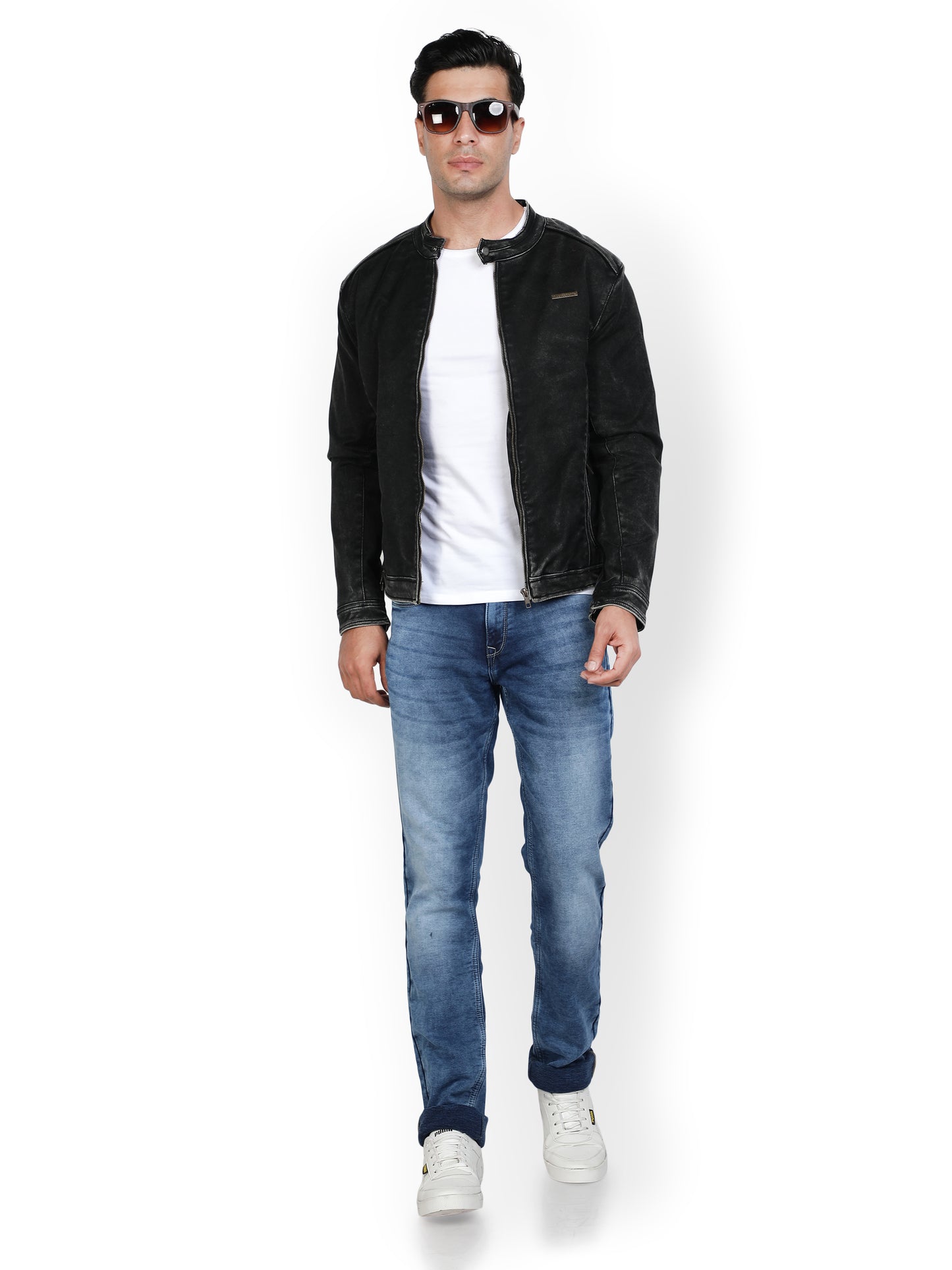 NUEVOSPORTA Men's Solid Black Denim Biker Jacket