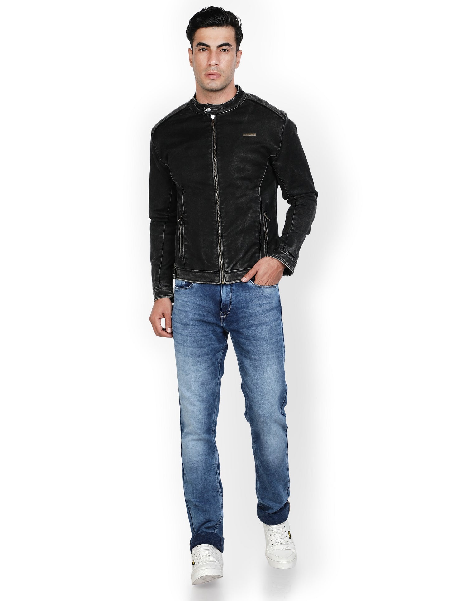 NUEVOSPORTA Men's Solid Black Denim Biker Jacket