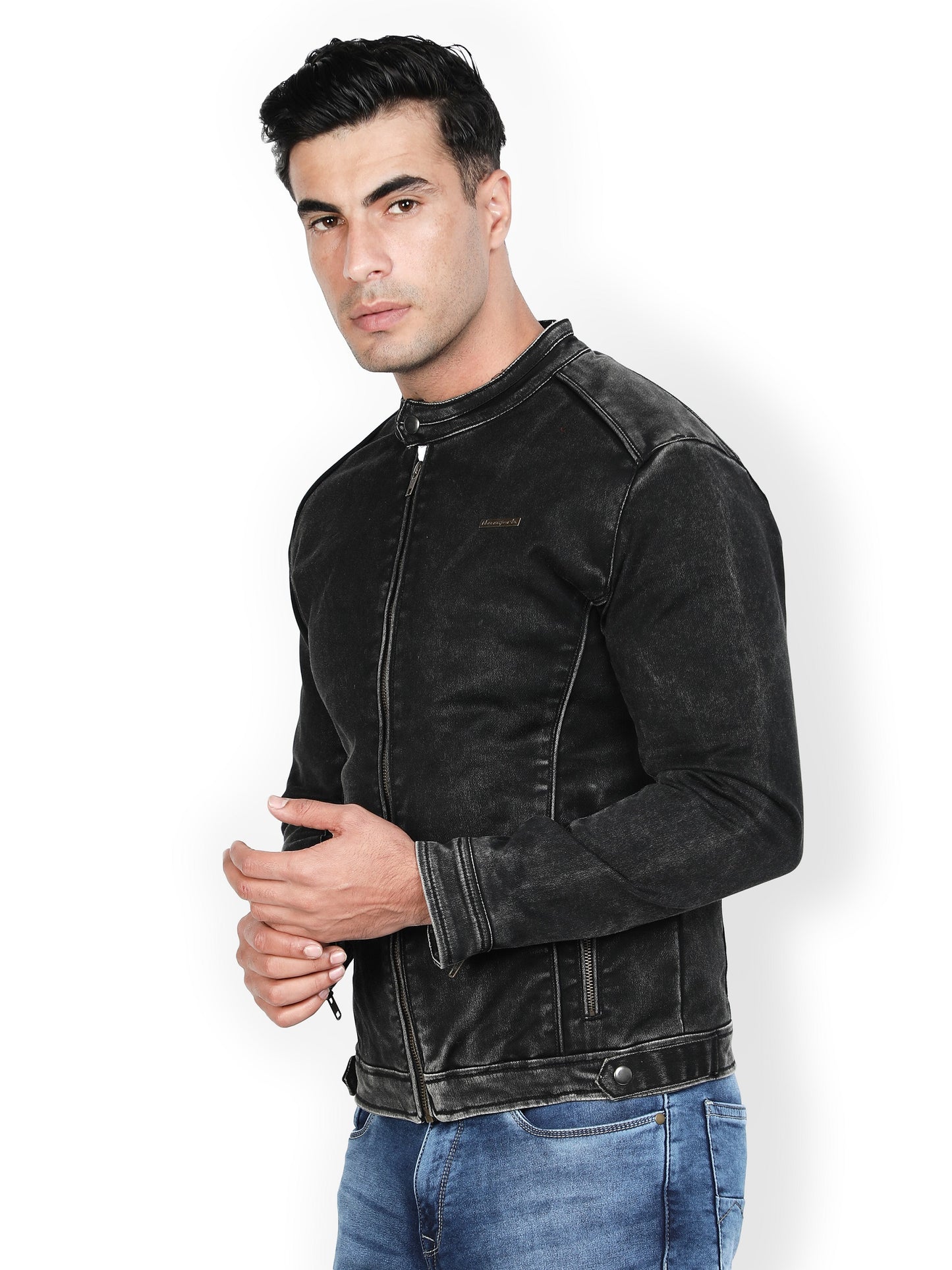 NUEVOSPORTA Men's Solid Black Denim Biker Jacket