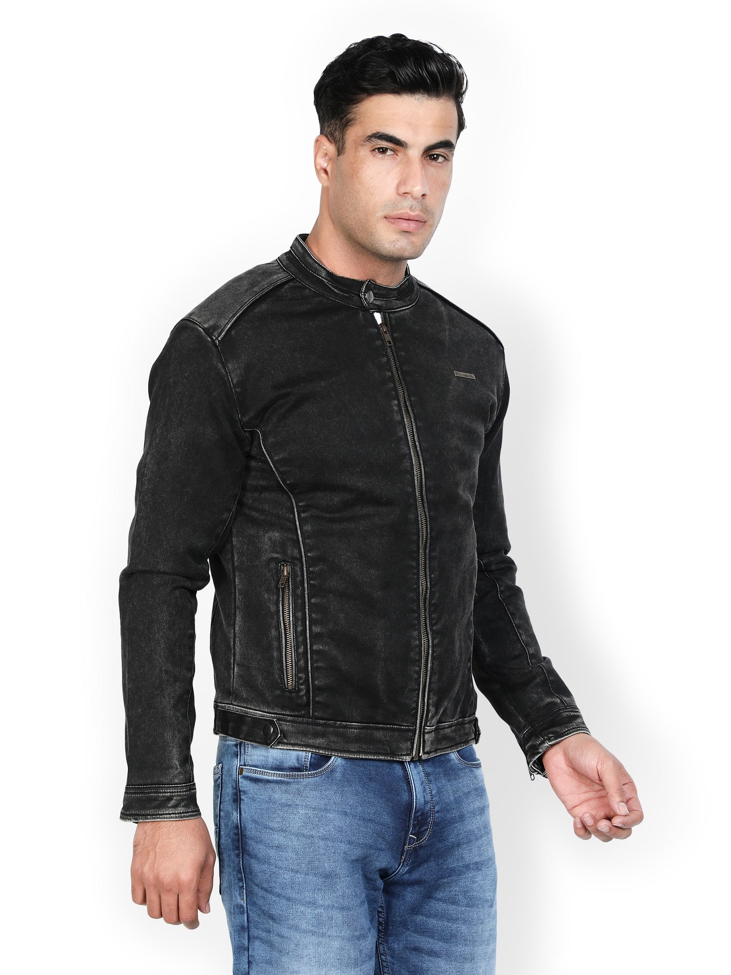 NUEVOSPORTA Men's Solid Black Denim Biker Jacket