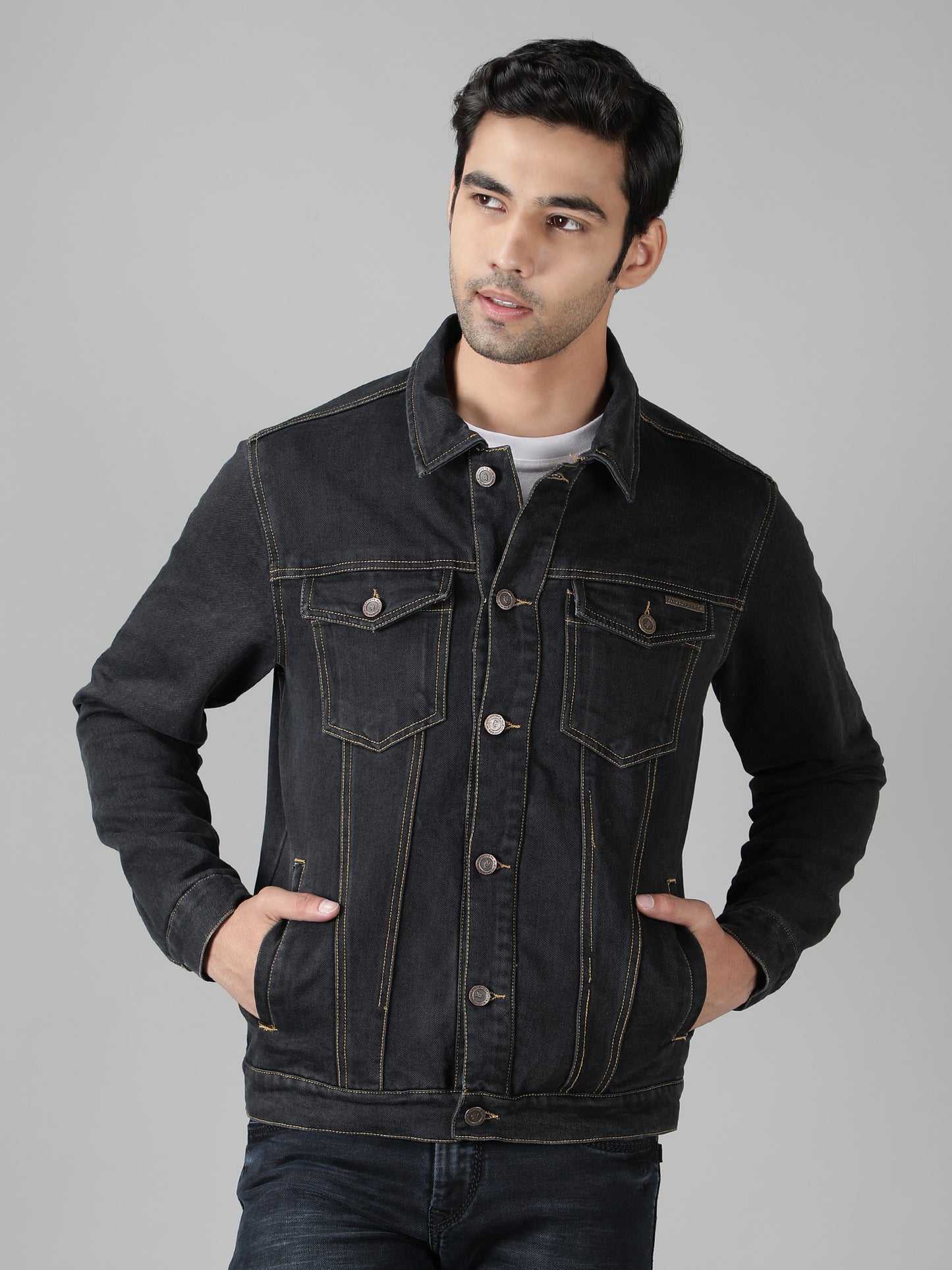 NUEVOSPORTA Men's Winter Wear Solid Dark Grey Denim Jacket