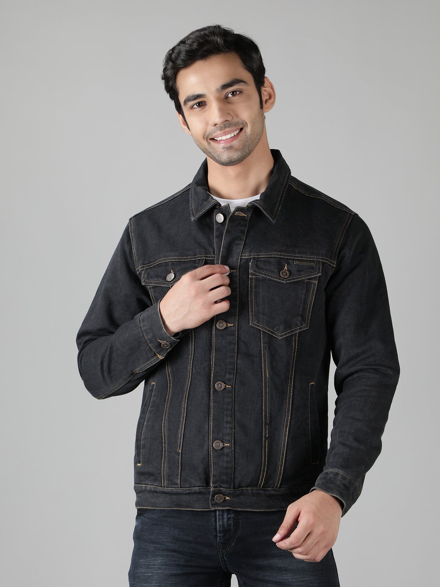 NUEVOSPORTA Men's Winter Wear Solid Dark Grey Denim Jacket