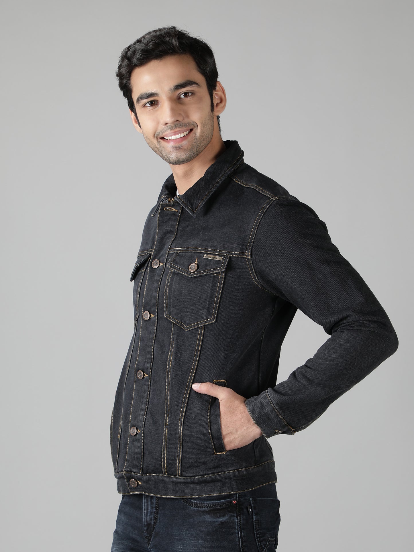 NUEVOSPORTA Men's Winter Wear Solid Dark Grey Denim Jacket