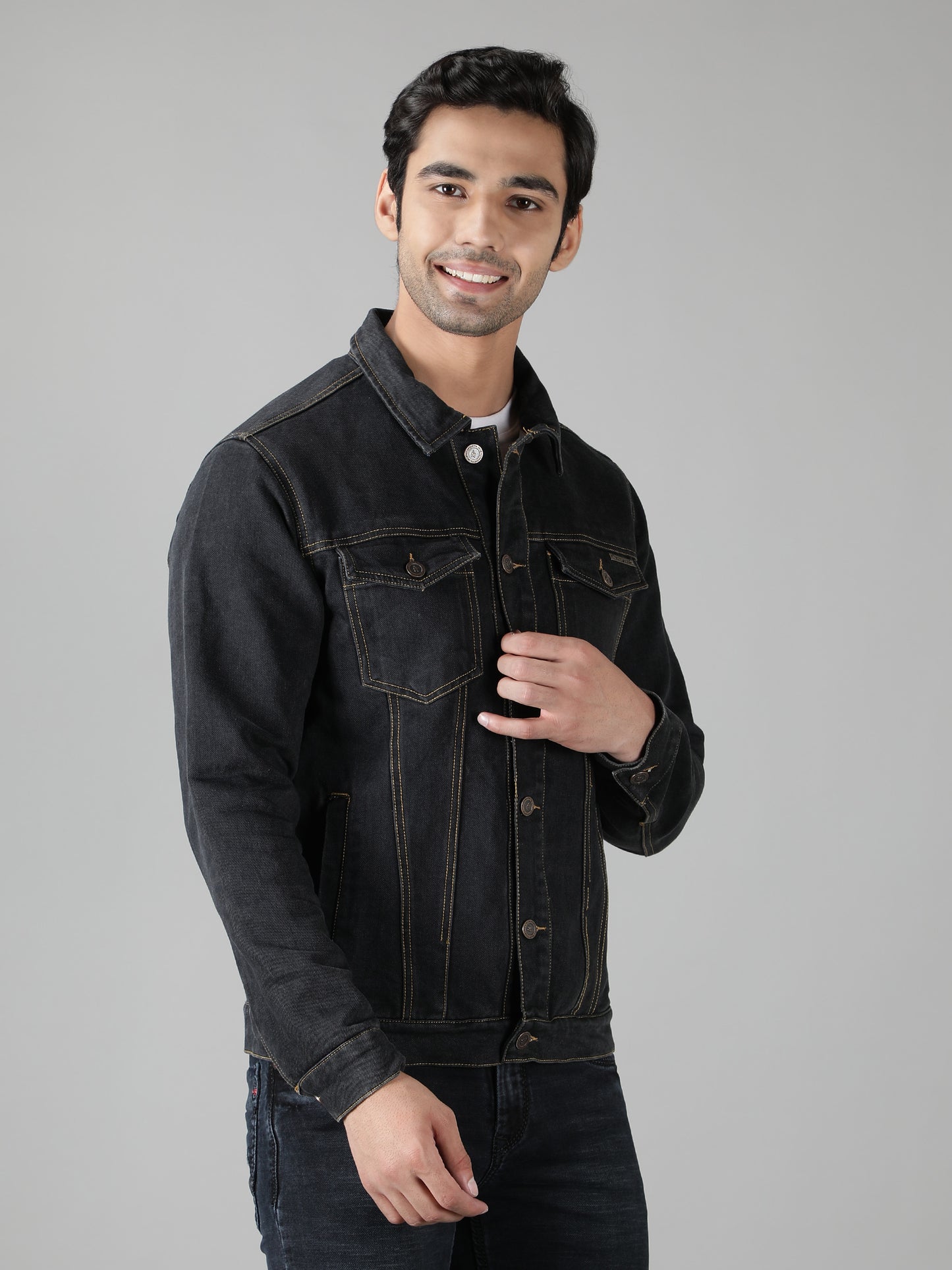 NUEVOSPORTA Men's Winter Wear Solid Dark Grey Denim Jacket