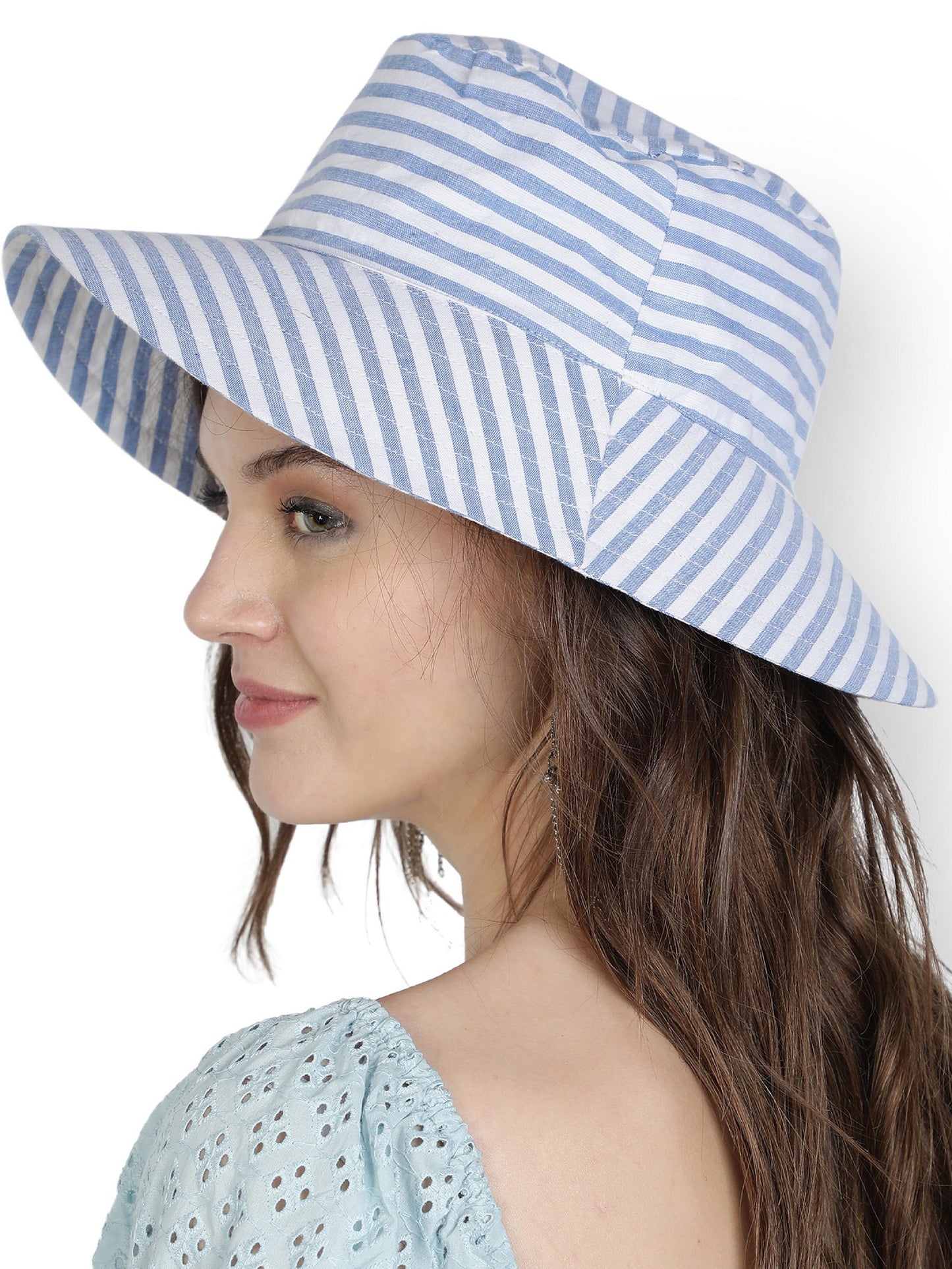 NUEVOSDAMAS Women Cotton Stripes Printed Hat Blue