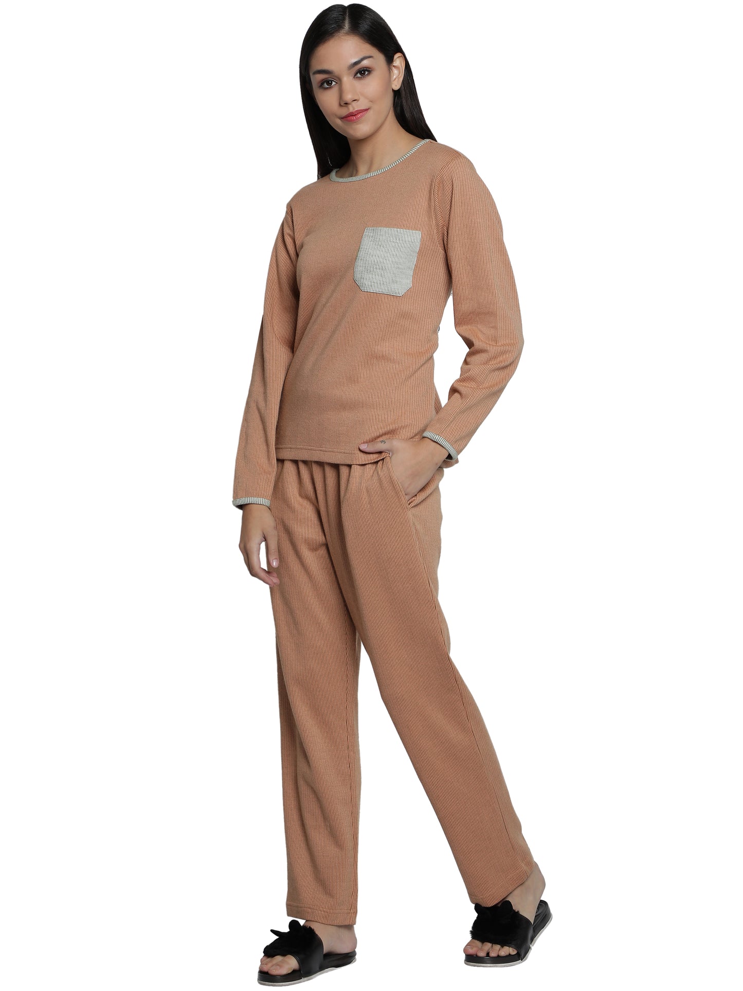 Women Orange Cotton Jersey Sleepwear Full Sleeves Duo Set