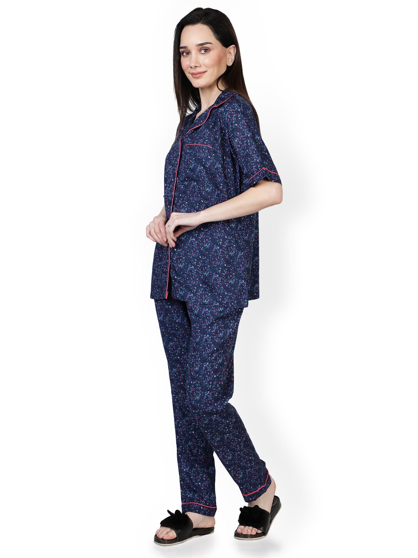 NUEVOSDAMAS WOMEN RAYON BLUE PRINTED NIGHT SUIT SET