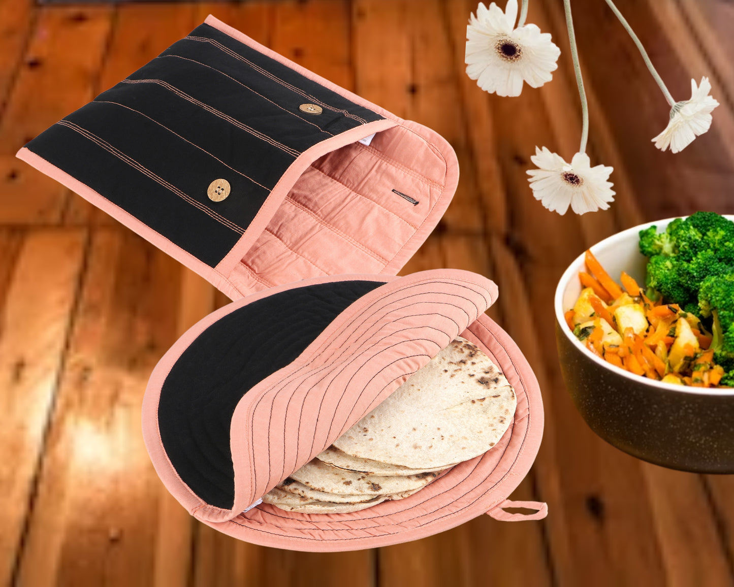 NUEVOSGHAR Pure Cotton Rectangle & Round Shape Roti/Chapati Cover Combo | Kitchen Roti Keeper. Set-Pack of 2 Roti Covers(Black/sand orange)