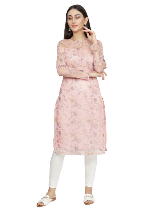 Women Printed Polycotton Straight Kurta  (Pink) freeshipping - NUEVOSDAMAS