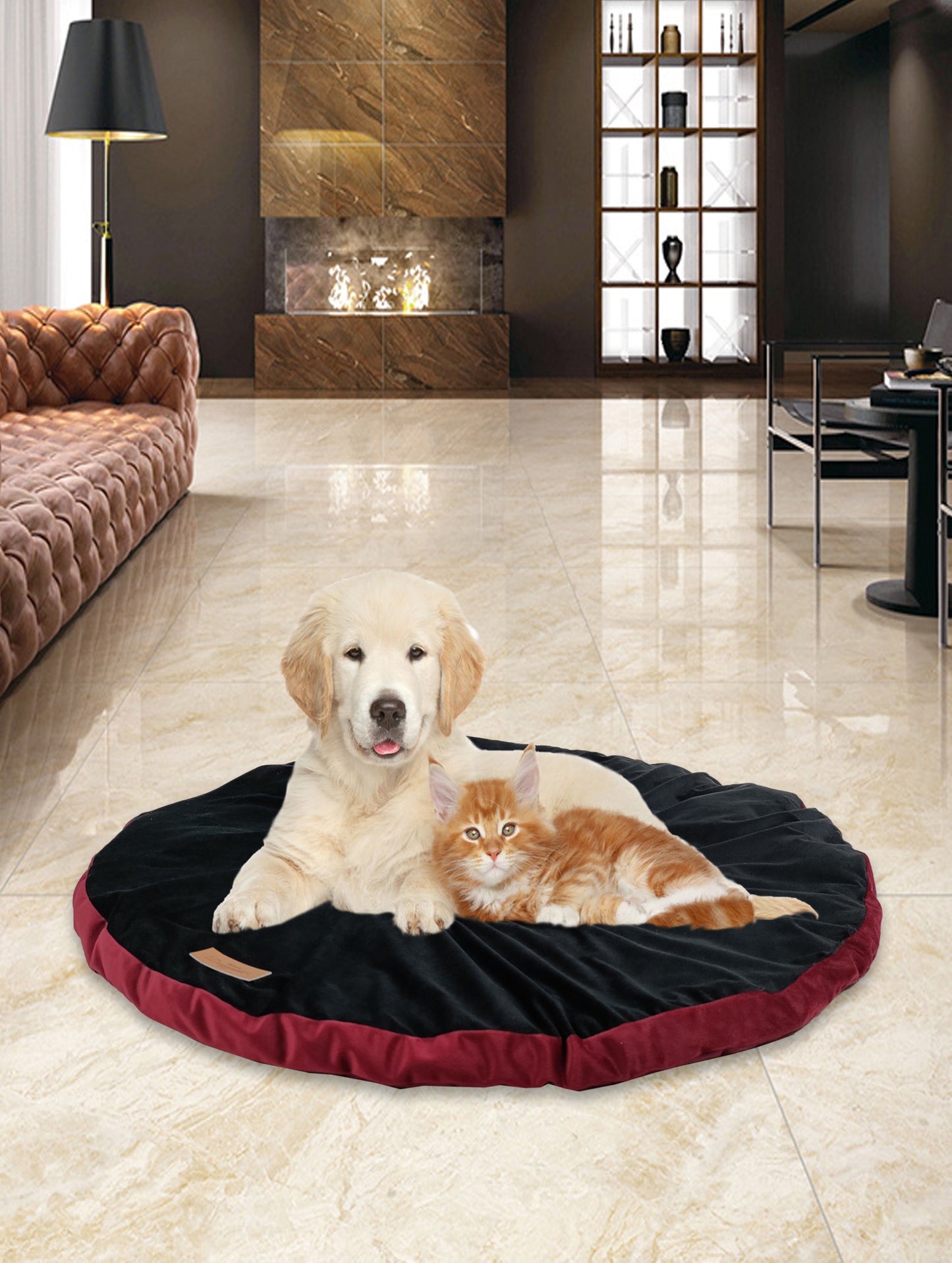 Velvet Pet Bed Mattress | Soft Cozy Fluffy Round Flat Bed | Washable Padded Pet Bed| Light Weighted Dog Flat Mat Black/ Maroon