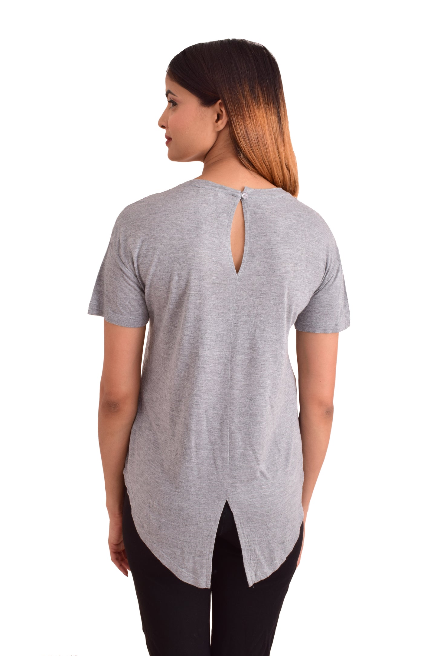 NUEVOSDAMAS Women's Rayon Lycra Round Neck Solid Top (Grey)