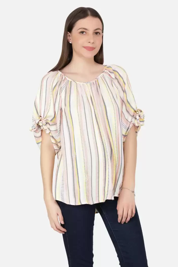 NUEVOSDAMAS Women Western Rayon Multi Stripe Beige Top