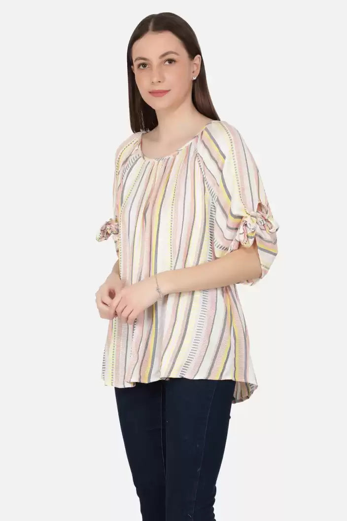 NUEVOSDAMAS Women Western Rayon Multi Stripe Beige Top