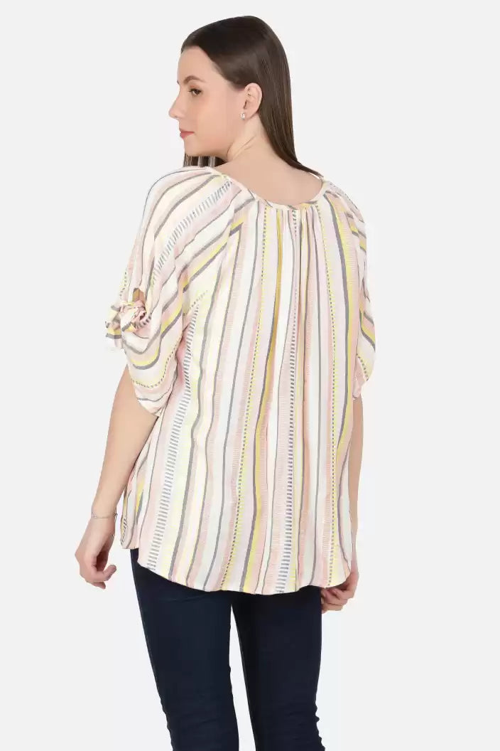 NUEVOSDAMAS Women Western Rayon Multi Stripe Beige Top