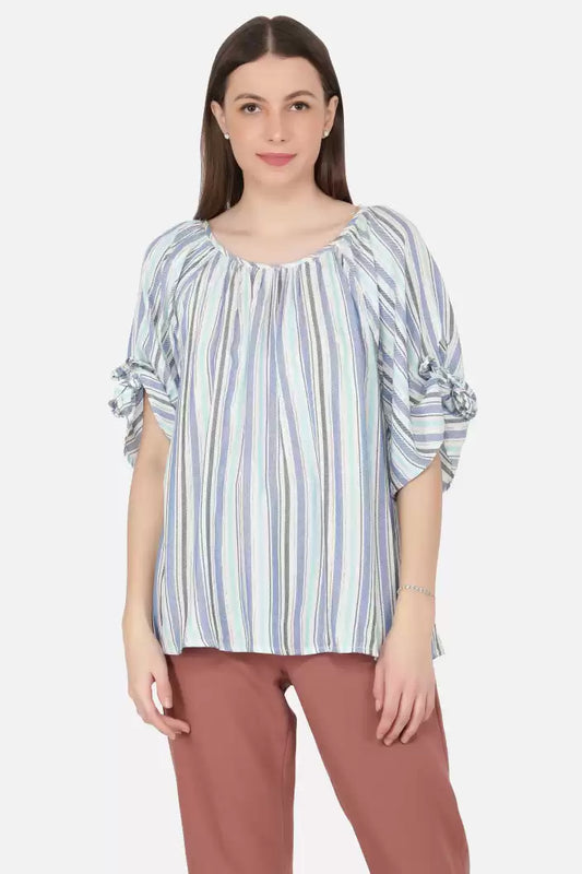 NUEVOSDAMAS Women Western Rayon Multi Stripe Blue Top