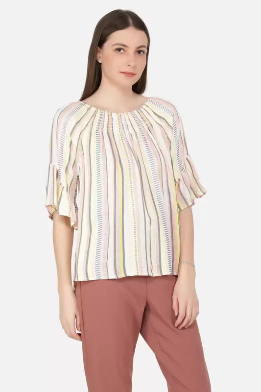 NUEVOSDAMAS Women Western Rayon Multi Stripe Top (Cream)