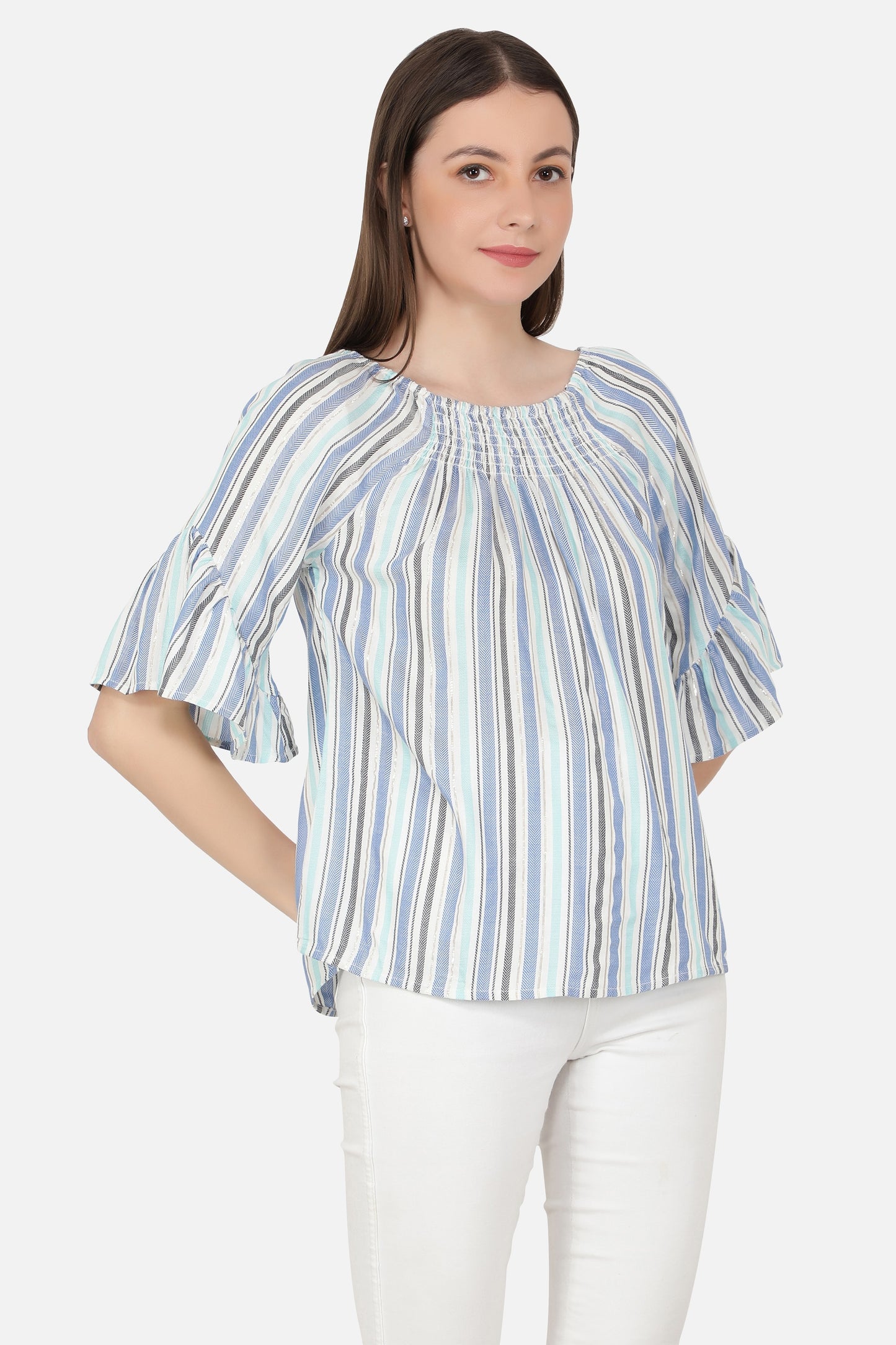 NUEVOSDAMAS Women Western Rayon Multi Stripe Top (Light Blue)
