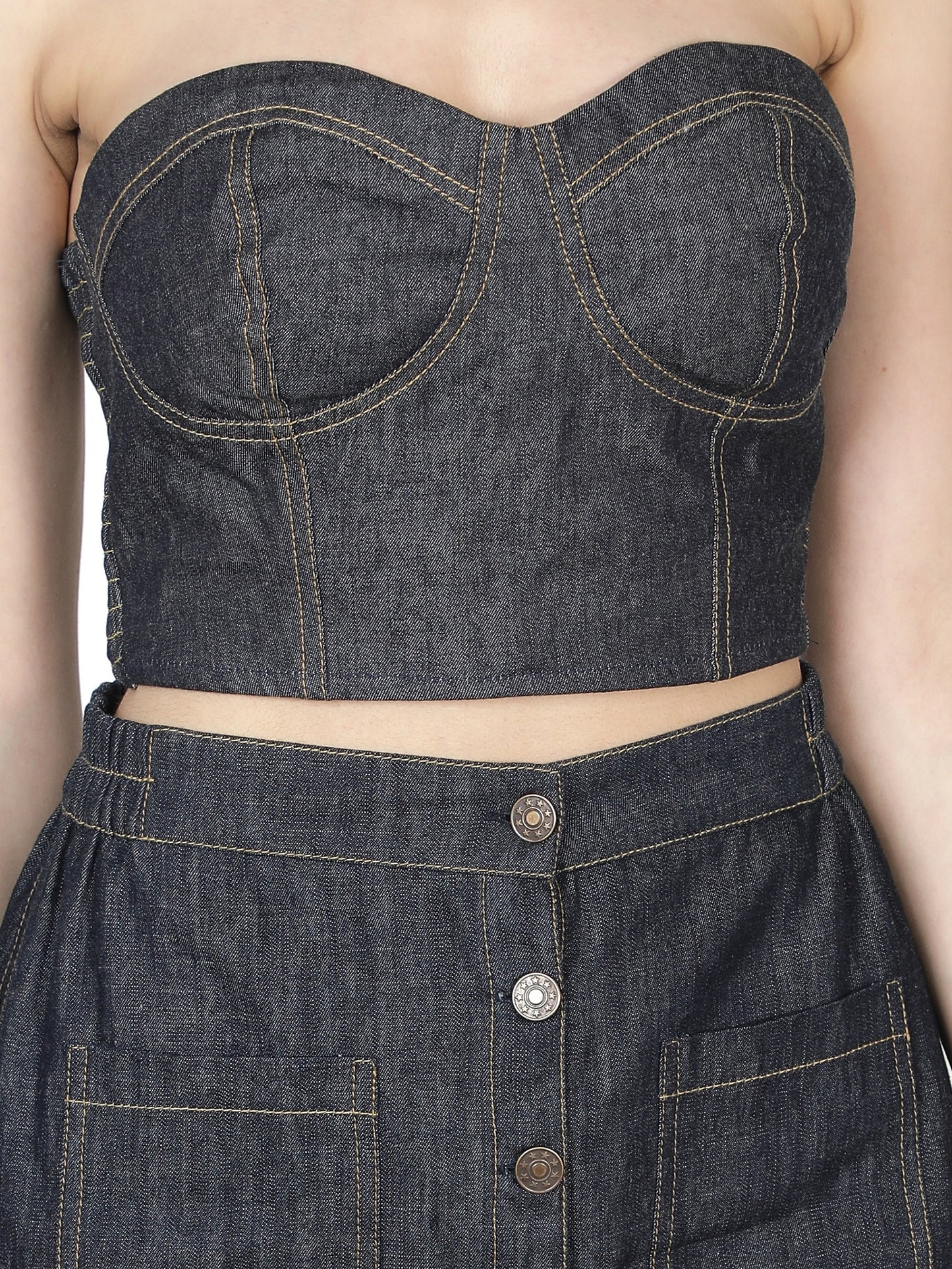 NUEVOSDAMAS Women Western Cotton Denim Bustier Vest Crop Dark Blue Top