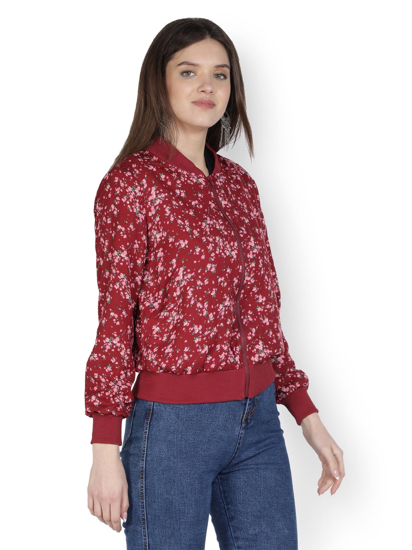 American Crepe Floral Print Red Color Light Weight Jacket For Women/ Full Sleeve Printed Women Bomber Jacket